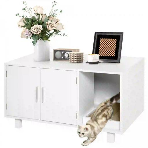 Mueble Arenero para Gatos con Puerta Rascador para Gatos Caja de Arena para Gatos para Interior 91x52x50,5 cm Blanco [9]