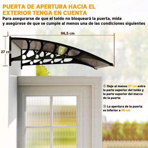 Marquesinas Exterior para Puertas y Ventanas, 103x96,5 cm, Tejadillo de Protección contra Sol y Lluvia, con Cubierta de Policarbonato, Soportes de PP y Regleta de Aluminio, Marrón [6]