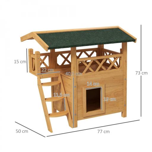 Caseta para Gatos de 2 Niveles 77x50x73cm Refugio para Gatos con Techo Asfáltico Escalera y Balcón para Exterior Natural [1]