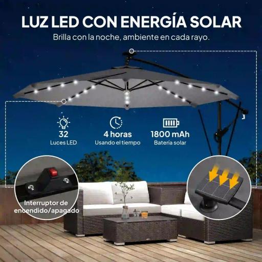 Parasol Excéntrico con Luces LED Solares 330x295 cm Sombrilla con Base Cruzada Manivela Funda Protectora Gris Oscuro [2]