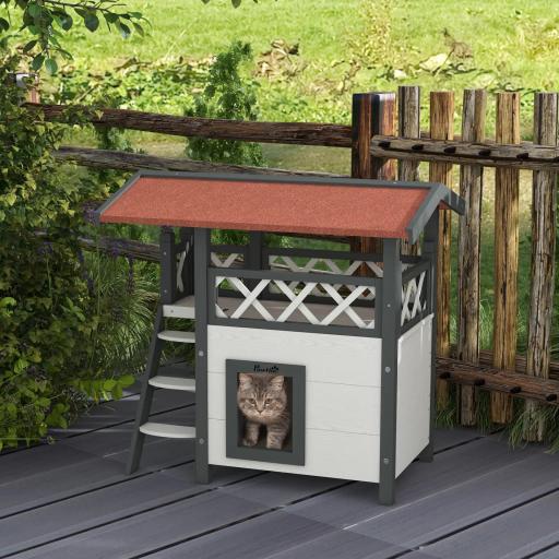 Caseta para Gatos de 2 Niveles 77x50x73 cm Refugio para Gatos con Techo Asfáltico Escalera y Balcón para Exterior Blanco