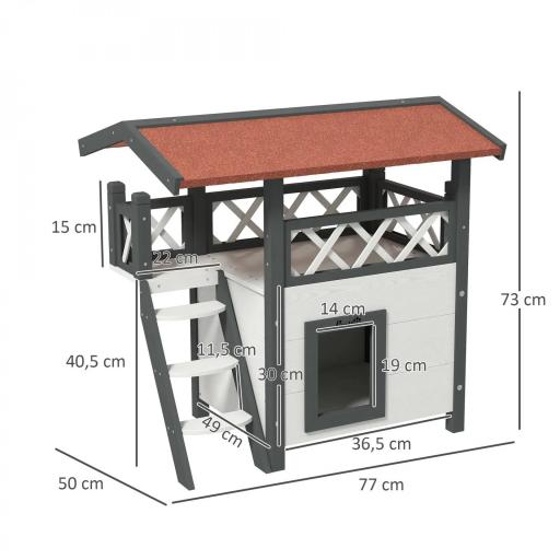 Caseta para Gatos de 2 Niveles 77x50x73 cm Refugio para Gatos con Techo Asfáltico Escalera y Balcón para Exterior Blanco [1]