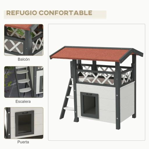 Caseta para Gatos de 2 Niveles 77x50x73 cm Refugio para Gatos con Techo Asfáltico Escalera y Balcón para Exterior Blanco [2]