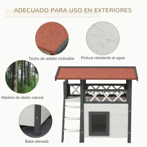 Caseta para Gatos de 2 Niveles 77x50x73 cm Refugio para Gatos con Techo Asfáltico Escalera y Balcón para Exterior Blanco [3]