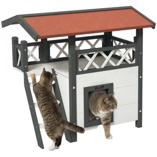 Caseta para Gatos de 2 Niveles 77x50x73 cm Refugio para Gatos con Techo Asfáltico Escalera y Balcón para Exterior Blanco [8]