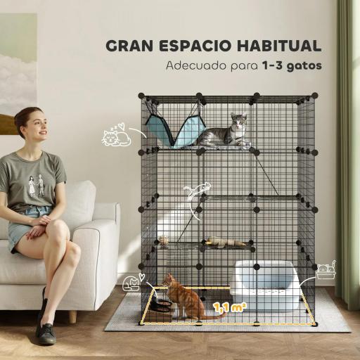 Jaula Grande para Gatos Interior de 4 Niveles con 5 Puertas 3 Plataformas de Salto 3 Rampas Hamaca 105x105x140 cm Negro [3]