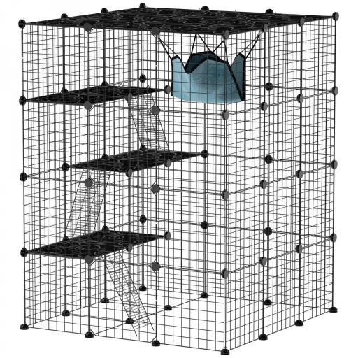 Jaula Grande para Gatos Interior de 4 Niveles con 5 Puertas 3 Plataformas de Salto 3 Rampas Hamaca 105x105x140 cm Negro [9]