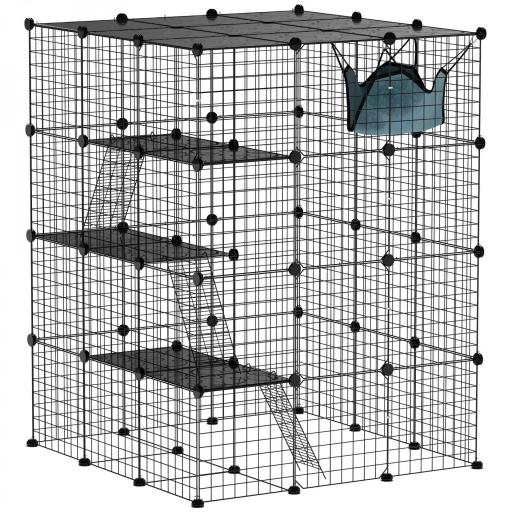Jaula Grande para Gatos Interior de 4 Niveles con 5 Puertas 3 Plataformas de Salto 3 Rampas Hamaca 105x105x140 cm Negro [8]