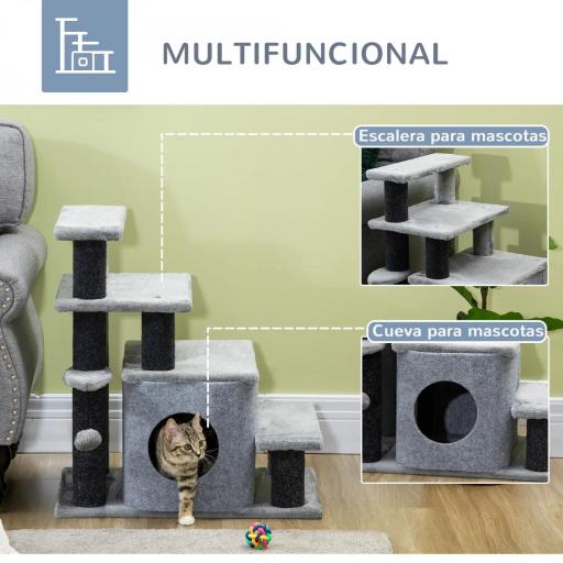 Escalera para Gatos de 4 Peldaños Escalón para Mascotas Ajustable con Cueva y Bola Colgante 60x40x66 cm Gris [4]