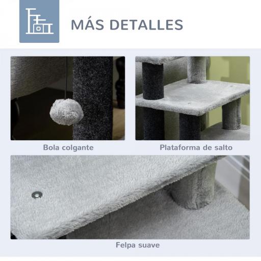 Escalera para Gatos de 4 Peldaños Escalón para Mascotas Ajustable con Cueva y Bola Colgante 60x40x66 cm Gris [3]