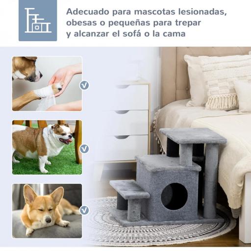 Escalera para Gatos de 4 Peldaños Escalón para Mascotas Ajustable con Cueva y Bola Colgante 60x40x66 cm Gris [5]