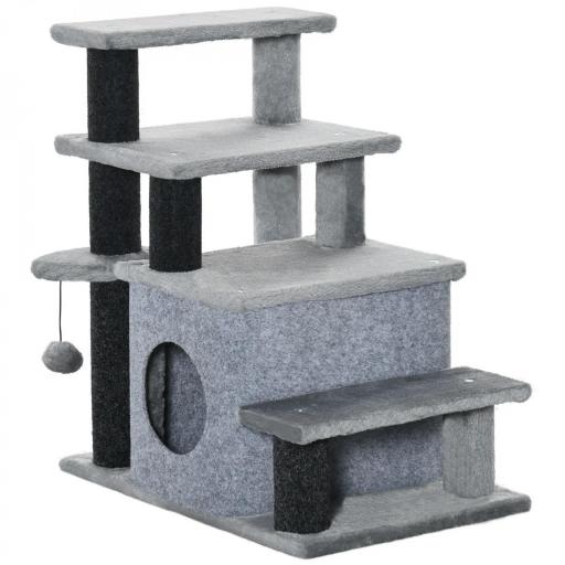 Escalera para Gatos de 4 Peldaños Escalón para Mascotas Ajustable con Cueva y Bola Colgante 60x40x66 cm Gris [8]