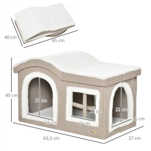 Casa Plegable para Gatos Interior Cueva para Gatos Grande con Tapa Extraíble Cojines 2 Entradas y Ventana Taburete para Gatos 63,5x37x40 cm Beige [1]