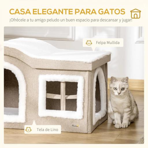 Casa Plegable para Gatos Interior Cueva para Gatos Grande con Tapa Extraíble Cojines 2 Entradas y Ventana Taburete para Gatos 63,5x37x40 cm Beige [2]
