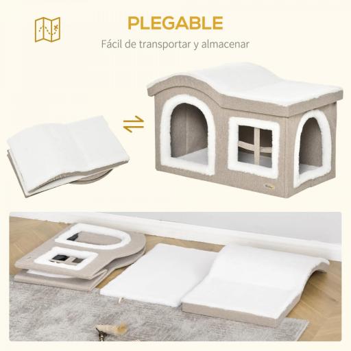 Casa Plegable para Gatos Interior Cueva para Gatos Grande con Tapa Extraíble Cojines 2 Entradas y Ventana Taburete para Gatos 63,5x37x40 cm Beige [3]