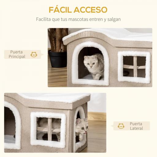 Casa Plegable para Gatos Interior Cueva para Gatos Grande con Tapa Extraíble Cojines 2 Entradas y Ventana Taburete para Gatos 63,5x37x40 cm Beige [4]