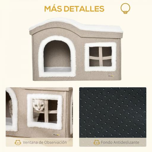 Casa Plegable para Gatos Interior Cueva para Gatos Grande con Tapa Extraíble Cojines 2 Entradas y Ventana Taburete para Gatos 63,5x37x40 cm Beige [5]