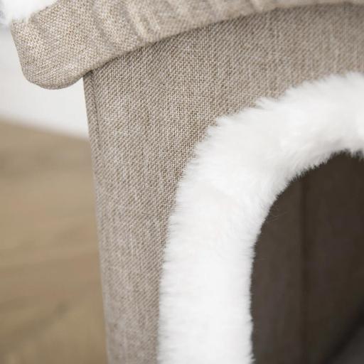 Casa Plegable para Gatos Interior Cueva para Gatos Grande con Tapa Extraíble Cojines 2 Entradas y Ventana Taburete para Gatos 63,5x37x40 cm Beige [6]