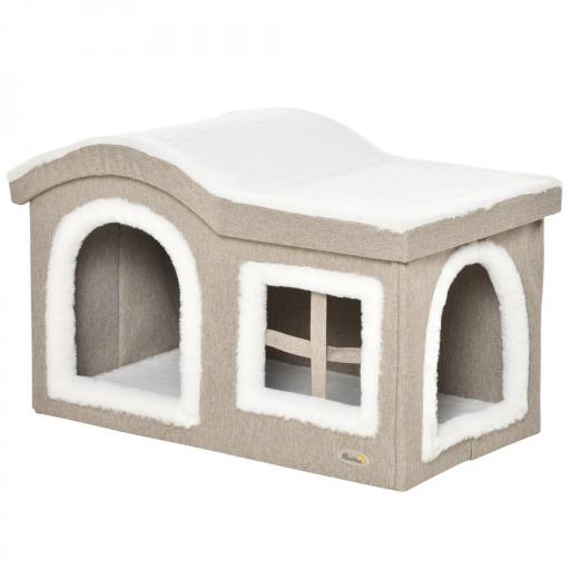 Casa Plegable para Gatos Interior Cueva para Gatos Grande con Tapa Extraíble Cojines 2 Entradas y Ventana Taburete para Gatos 63,5x37x40 cm Beige [8]