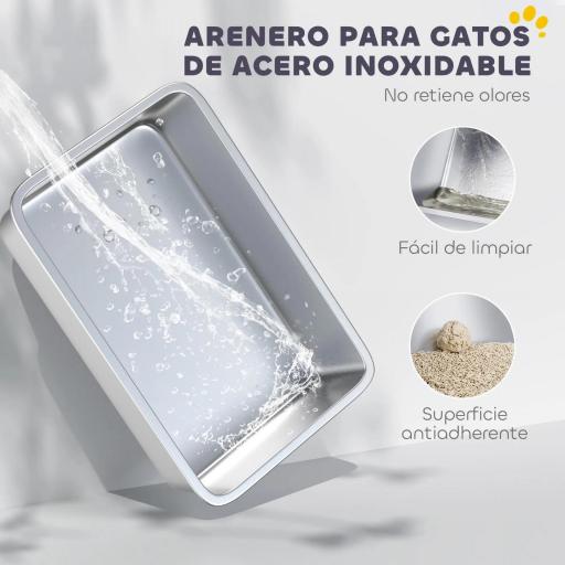 Arenero para Gatos de Acero Inoxidable XXL con Borde Alto Pala Fácil de Limpiar Prueba de Fugas 70x50x30 cm Gris [3]