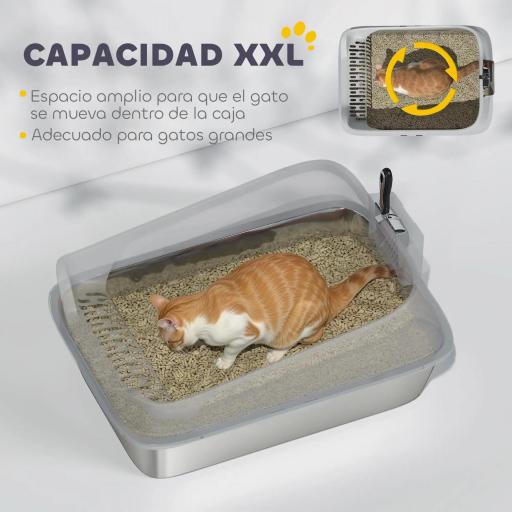 Arenero para Gatos de Acero Inoxidable XXL con Borde Alto Pala Fácil de Limpiar Prueba de Fugas 70x50x30 cm Gris [5]