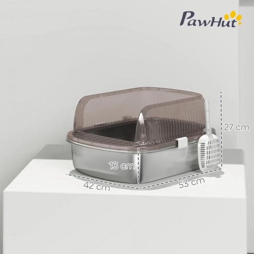 Arenero para Gatos Cubierto Cerrado con Bandeja de Acero Inoxidable Bordes Altos Pala y Zona para Caída de Arena Gris [1]