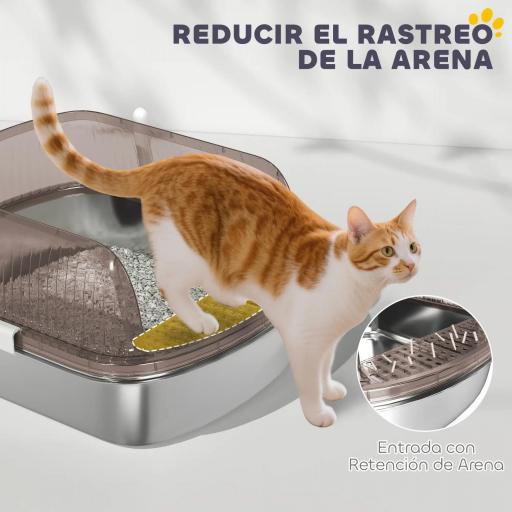 Arenero para Gatos Cubierto Cerrado con Bandeja de Acero Inoxidable Bordes Altos Pala y Zona para Caída de Arena Gris [4]