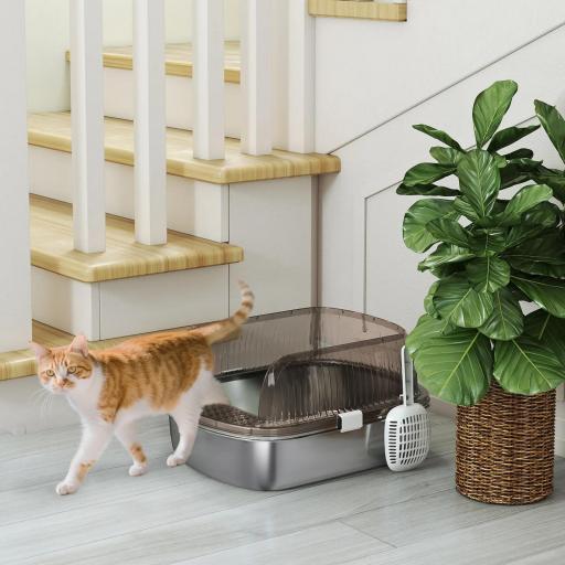 Arenero para Gatos Cubierto Cerrado con Bandeja de Acero Inoxidable Bordes Altos Pala y Zona para Caída de Arena Gris [5]