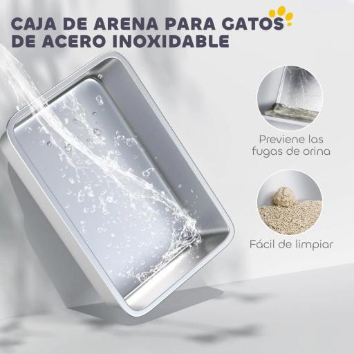 Arenero para Gatos Cubierto con Bandeja de Acero Inoxidable Tapa Extraíble Bordes Altos Fácil de Limpiar Blanco [6]