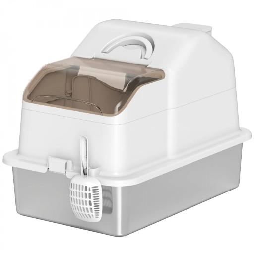 Arenero para Gatos Cubierto con Bandeja de Acero Inoxidable Tapa Extraíble Bordes Altos Fácil de Limpiar Blanco [8]