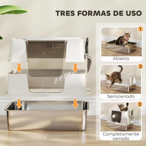 Arenero para Gatos de Acero Inoxidable XL con Tapa Abatible Laterales Altos Pala Fácil de Limpiar Antifugas Gris Claro [1]