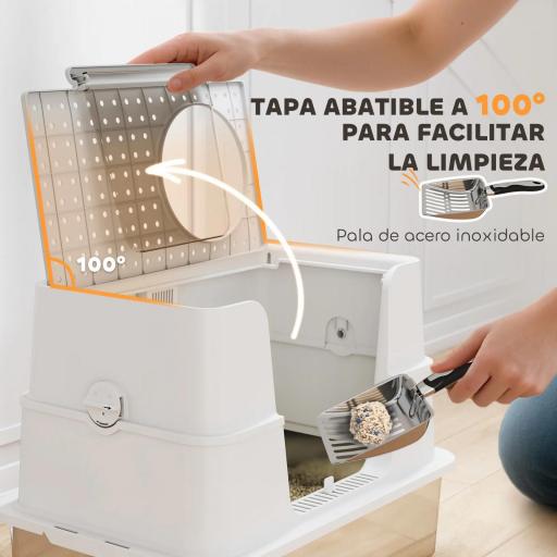 Arenero para Gatos de Acero Inoxidable XL con Tapa Abatible Laterales Altos Pala Fácil de Limpiar Antifugas Gris Claro [2]