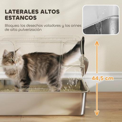 Arenero para Gatos de Acero Inoxidable XL con Tapa Abatible Laterales Altos Pala Fácil de Limpiar Antifugas Gris Claro [4]