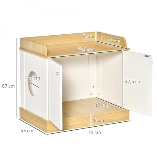 Casa para Gatos de Madera Mueble Arenero para Gatos 2 en 1 con Estante de Almacenaje Doble Puerta y Orificio de Entrada Lateral 75x53x67 cm Blanco y Roble [1]