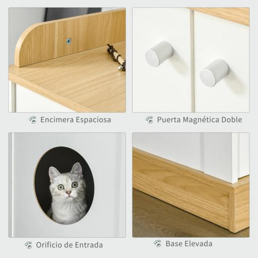 Casa para Gatos de Madera Mueble Arenero para Gatos 2 en 1 con Estante de Almacenaje Doble Puerta y Orificio de Entrada Lateral 75x53x67 cm Blanco y Roble [2]