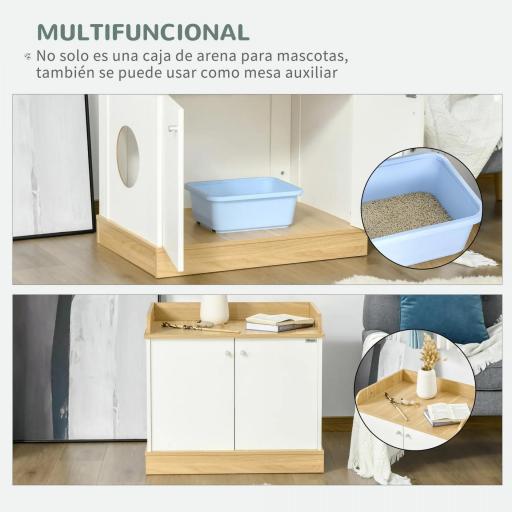 Casa para Gatos de Madera Mueble Arenero para Gatos 2 en 1 con Estante de Almacenaje Doble Puerta y Orificio de Entrada Lateral 75x53x67 cm Blanco y Roble [3]