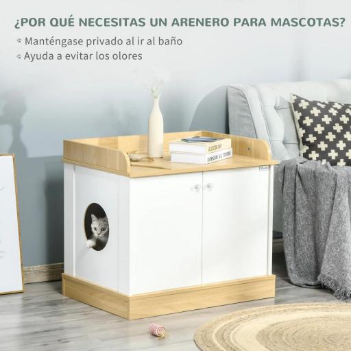 Casa para Gatos de Madera Mueble Arenero para Gatos 2 en 1 con Estante de Almacenaje Doble Puerta y Orificio de Entrada Lateral 75x53x67 cm Blanco y Roble [4]