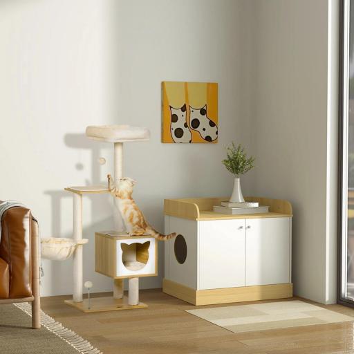 Casa para Gatos de Madera Mueble Arenero para Gatos 2 en 1 con Estante de Almacenaje Doble Puerta y Orificio de Entrada Lateral 75x53x67 cm Blanco y Roble [5]
