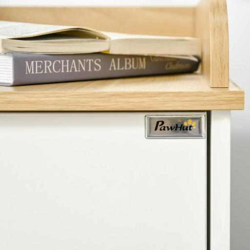 Casa para Gatos de Madera Mueble Arenero para Gatos 2 en 1 con Estante de Almacenaje Doble Puerta y Orificio de Entrada Lateral 75x53x67 cm Blanco y Roble [6]