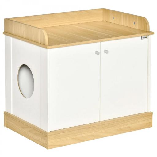 Casa para Gatos de Madera Mueble Arenero para Gatos 2 en 1 con Estante de Almacenaje Doble Puerta y Orificio de Entrada Lateral 75x53x67 cm Blanco y Roble [8]