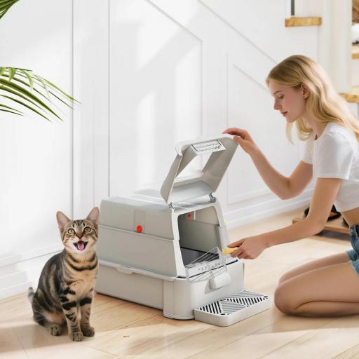 Arenero para Gatos de Acero Inoxidable XL con Tapa Abatible 180° Laterales Altos Pedal Pala Gris Claro