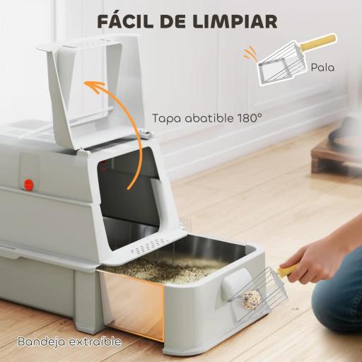 Arenero para Gatos de Acero Inoxidable XL con Tapa Abatible 180° Laterales Altos Pedal Pala Gris Claro [3]