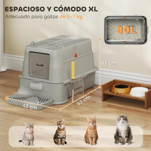 Arenero para Gatos de Acero Inoxidable XL con Tapa Abatible 180° Laterales Altos Pedal Pala Gris Claro [4]