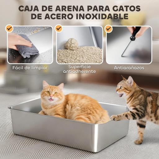 Arenero para Gatos de Acero Inoxidable XL con Tapa Abatible 180° Laterales Altos Pedal Pala Gris Claro [5]