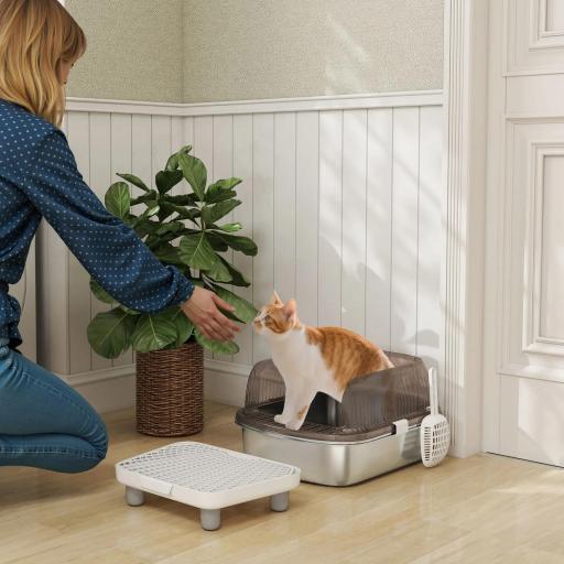 Arenero para Gatos Cubierto con Bandeja de Acero Inoxidable Bordes Altos Pala Peldaño y Zona para Caída de Arena Gris