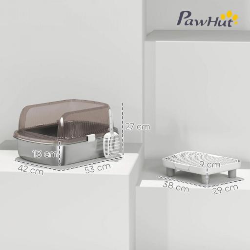 Arenero para Gatos Cubierto con Bandeja de Acero Inoxidable Bordes Altos Pala Peldaño y Zona para Caída de Arena Gris [1]