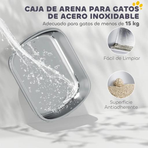 Arenero para Gatos Cubierto con Bandeja de Acero Inoxidable Bordes Altos Pala Peldaño y Zona para Caída de Arena Gris [2]