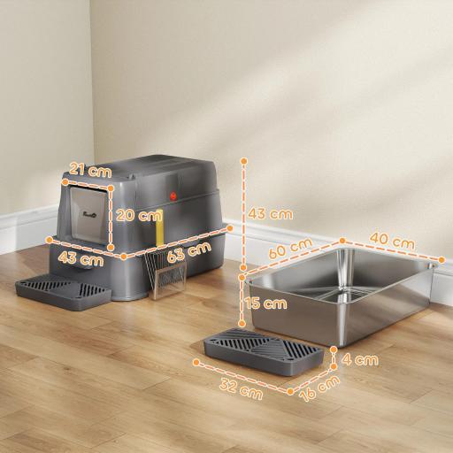 Arenero para Gatos de Acero Inoxidable XL con Tapa Abatible 180° Laterales Altos Pedal Pala Gris Oscuro [1]