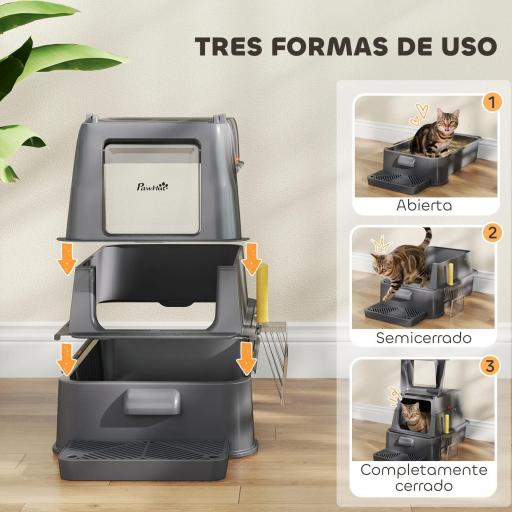Arenero para Gatos de Acero Inoxidable XL con Tapa Abatible 180° Laterales Altos Pedal Pala Gris Oscuro [5]