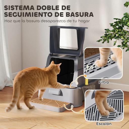 Arenero para Gatos de Acero Inoxidable XL con Tapa Abatible 180° Laterales Altos Pedal Pala Gris Oscuro [7]